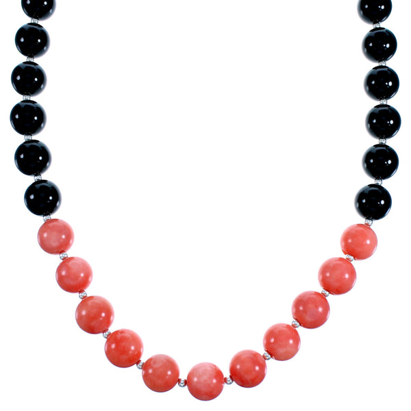 Sterling Silver Pink Coral And Onyx Southwest Bead Necklace SX114868